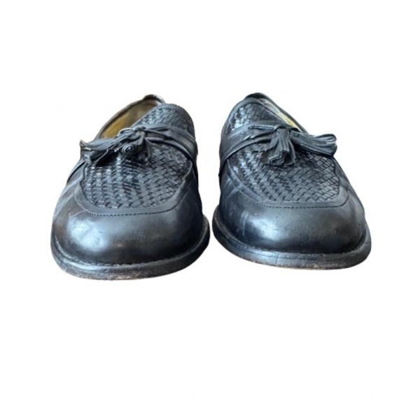 Johnston & Murphy 10.5 Black Leather Woven Tassel Loafer Shoes Mens Preppy - Picture 3 of 10